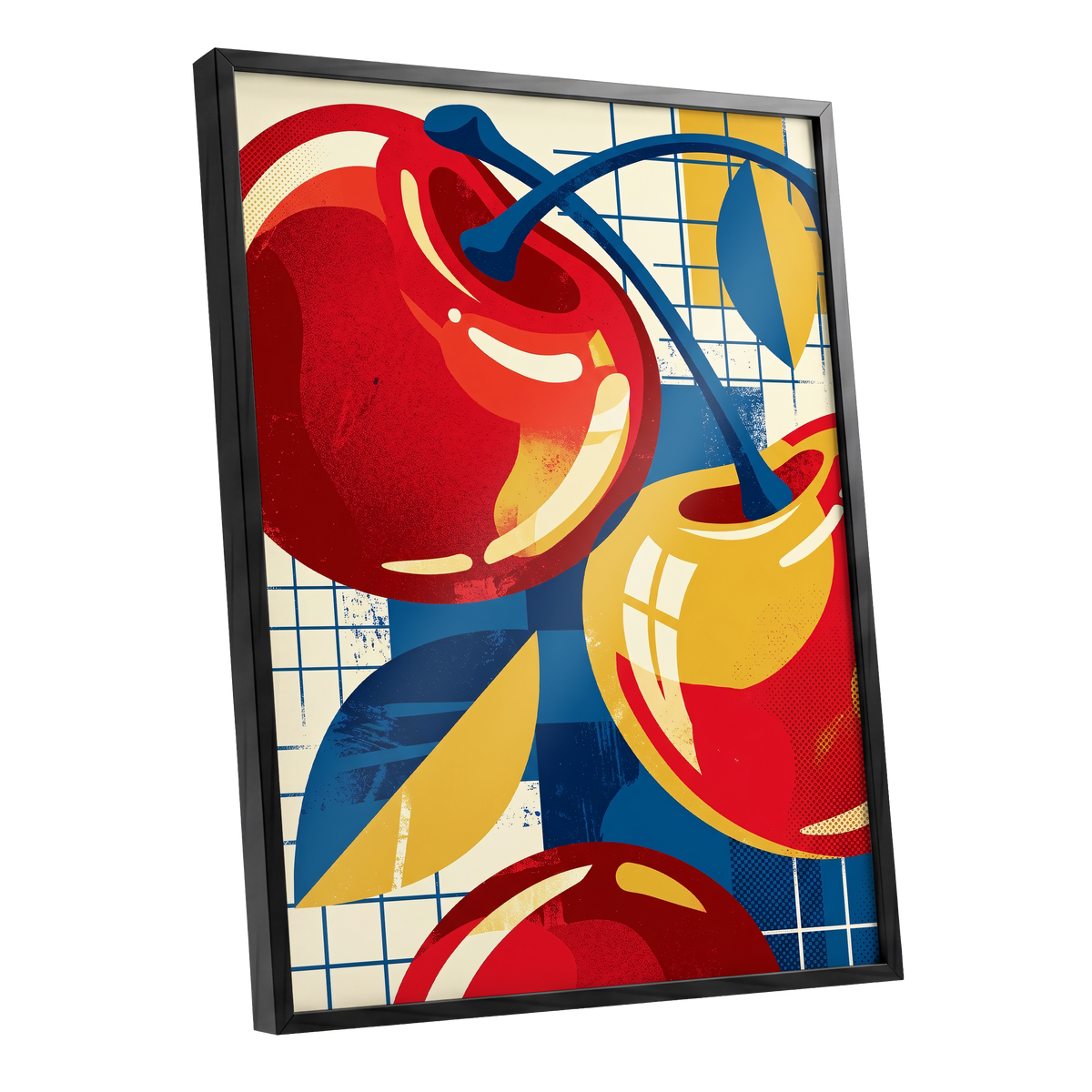 Orchard in Orbit, red, blue, gold nature wall art shown as a black framed poster wall art print