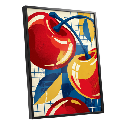 Orchard in Orbit, red, blue, gold nature wall art shown as a black framed poster wall art print