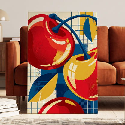 Orchard in Orbit, red, blue, gold nature wall art on canvas displayed in a styled interior, gallery view 1