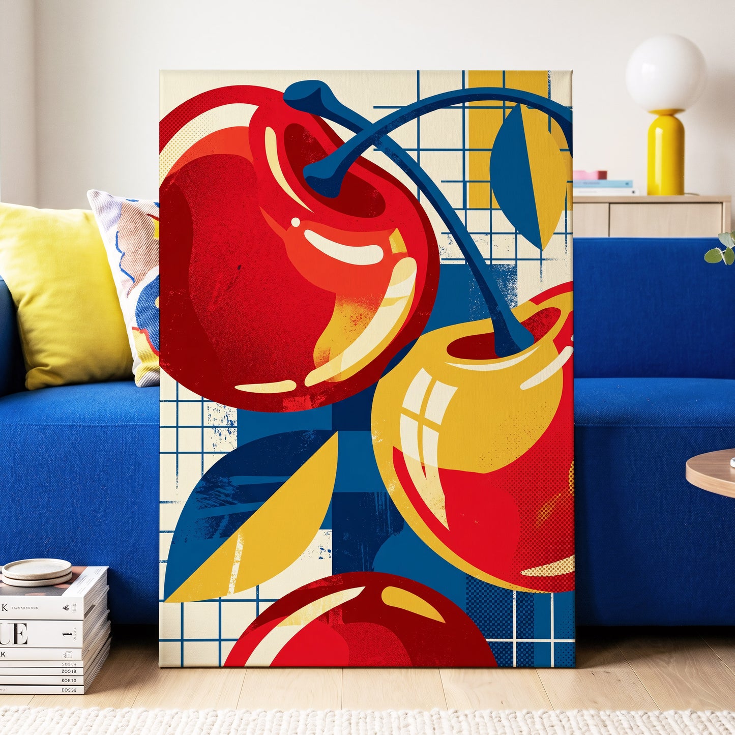 Orchard in Orbit, red, blue, gold nature wall art on canvas displayed in a styled interior, gallery view 2