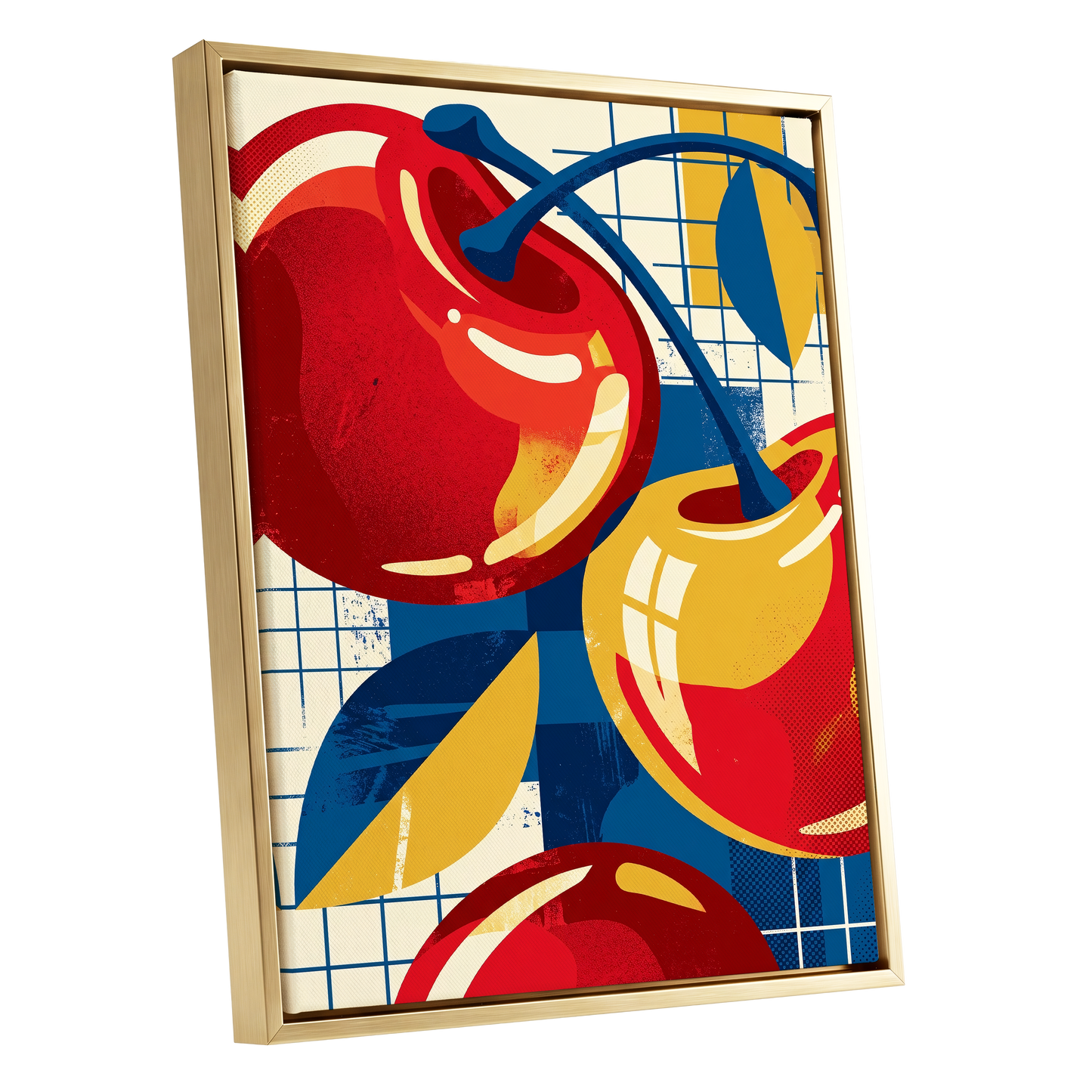 Orchard in Orbit, red, blue, gold nature wall art shown as a gold framed canvas wall art