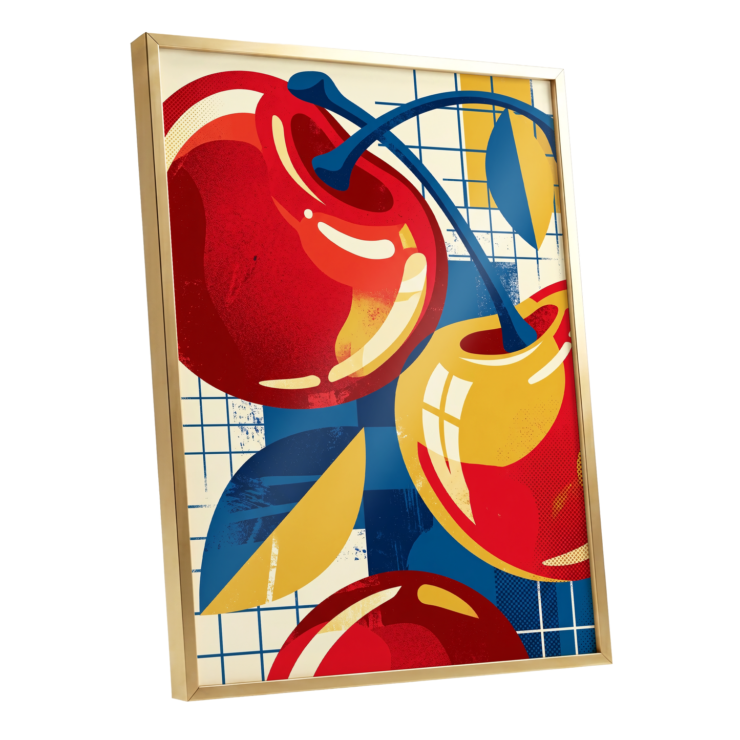 Orchard in Orbit, red, blue, gold nature wall art shown as a gold framed poster wall art print
