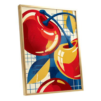 Orchard in Orbit, red, blue, gold nature wall art shown as a gold framed poster wall art print