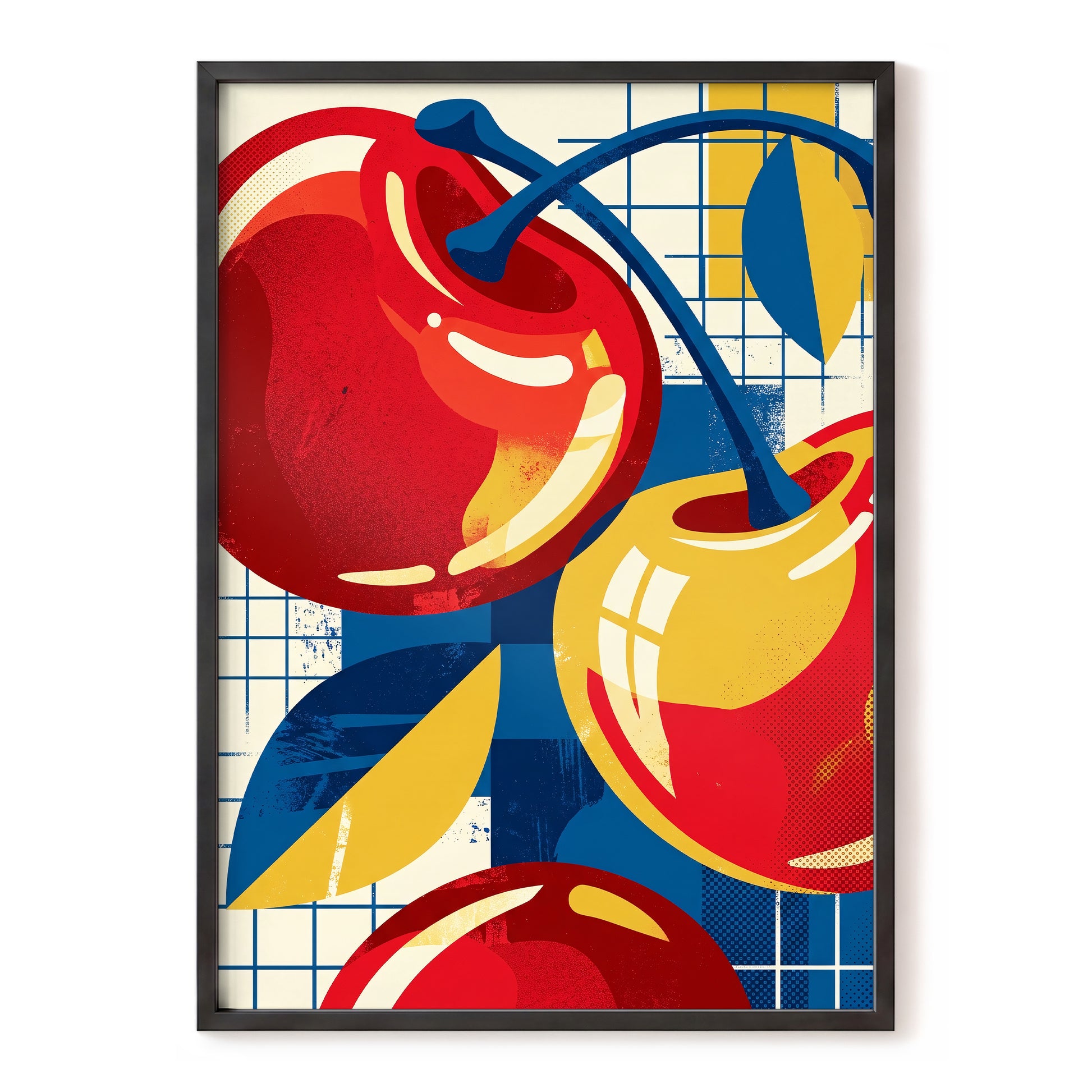 Orchard in Orbit, red, blue, gold nature wall art, front artwork view