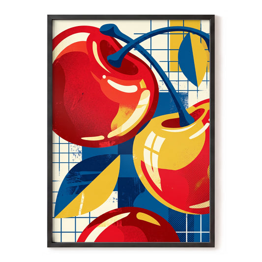 Orchard in Orbit, red, blue, gold nature wall art, front artwork view