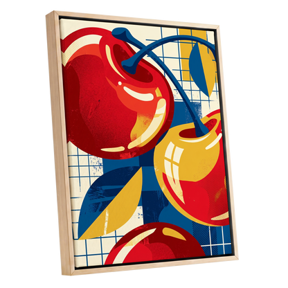 Orchard in Orbit, red, blue, gold nature wall art shown as a oak framed canvas wall art
