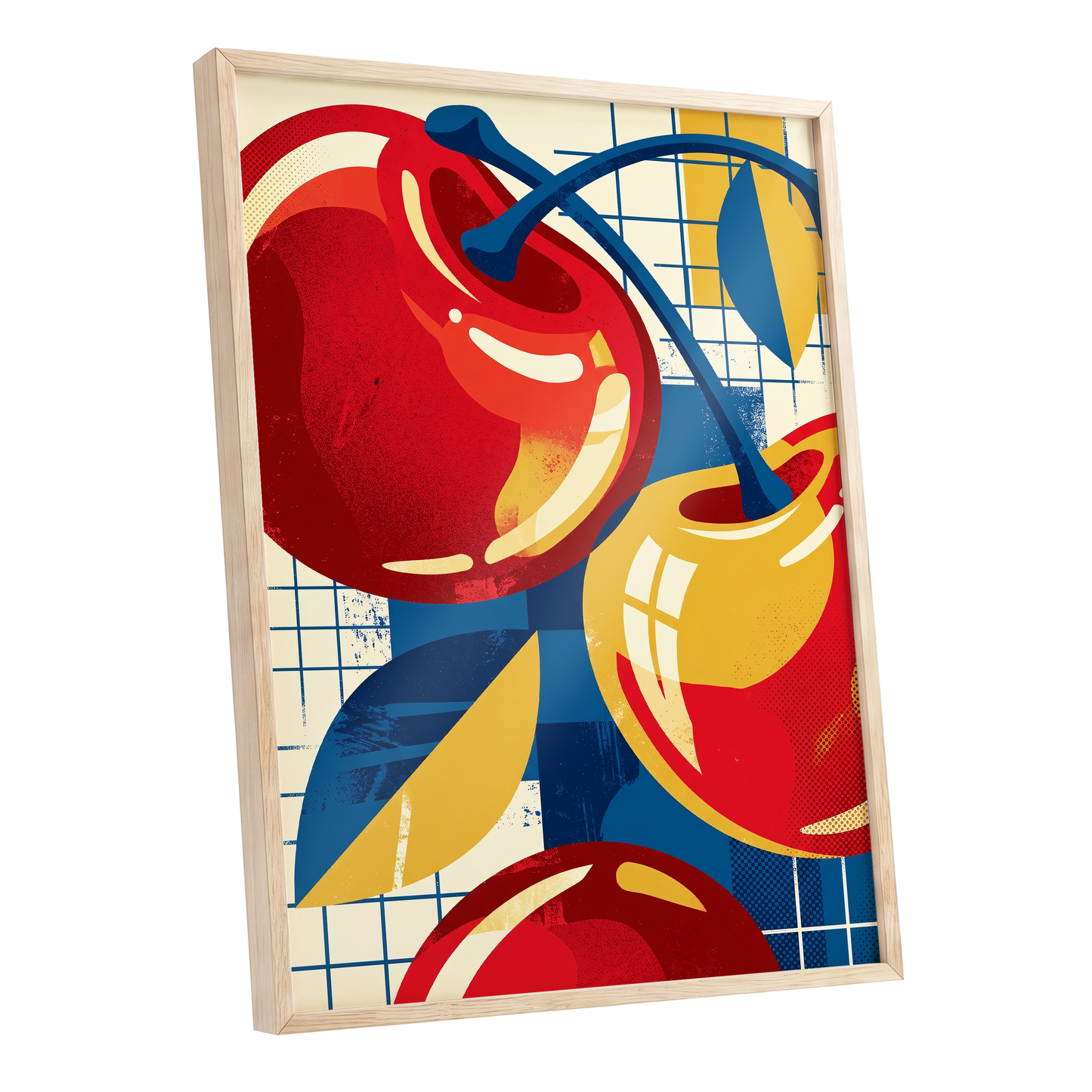 Orchard in Orbit, red, blue, gold nature wall art shown as a oak framed poster wall art print