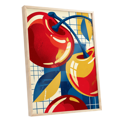 Orchard in Orbit, red, blue, gold nature wall art shown as a oak framed poster wall art print