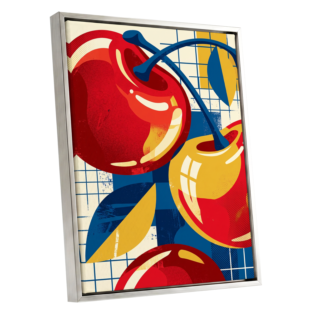 Orchard in Orbit, red, blue, gold nature wall art shown as a silver framed canvas wall art