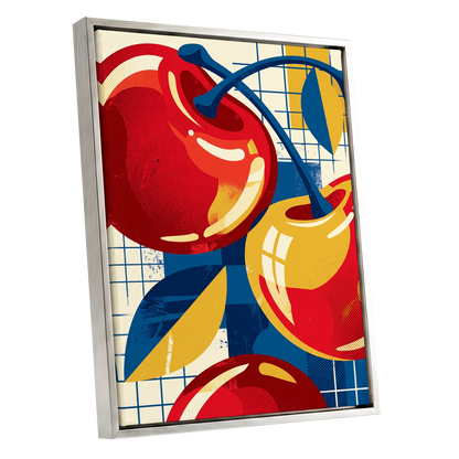 Orchard in Orbit, red, blue, gold nature wall art shown as a silver framed canvas wall art