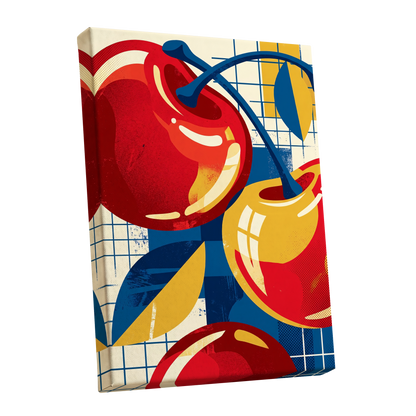 Orchard in Orbit, red, blue, gold nature wall art shown as a stretched canvas wall art