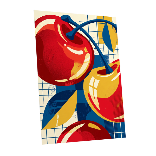 Orchard in Orbit, red, blue, gold nature wall art shown as a unframed poster wall art print