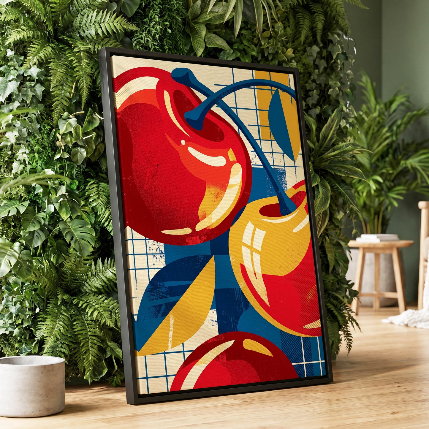 Orchard in Orbit, red, blue, gold nature wall art displayed in a styled interior, gallery view 1