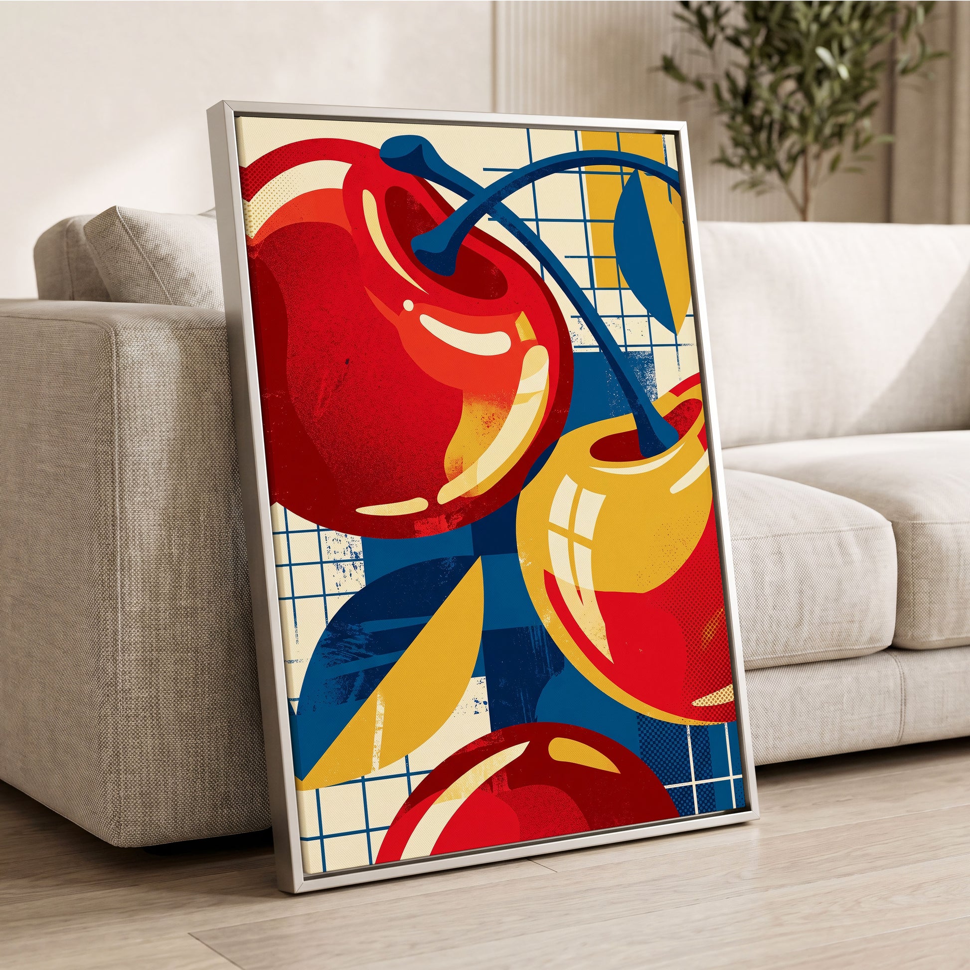 Orchard in Orbit, red, blue, gold nature wall art displayed in a styled interior, gallery view 2