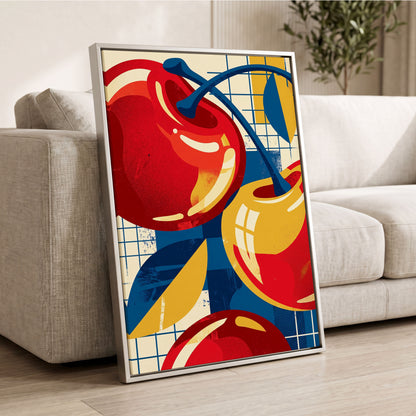 Orchard in Orbit, red, blue, gold nature wall art displayed in a styled interior, gallery view 2