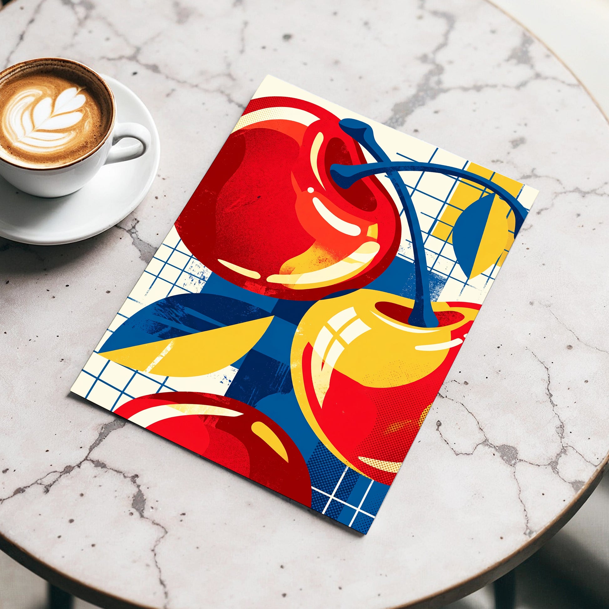 Orchard in Orbit, red, blue, gold nature wall art displayed in a styled interior, gallery view 3