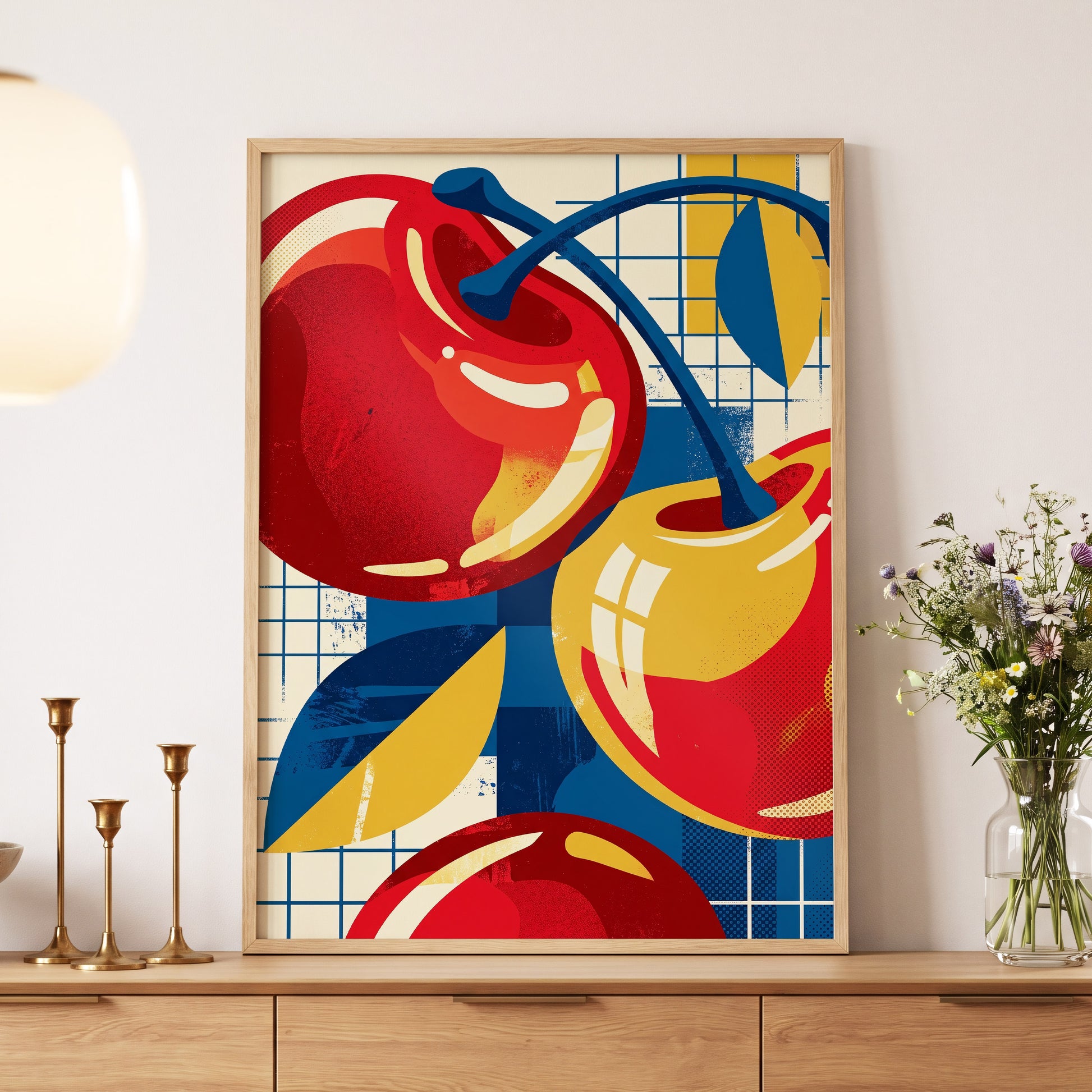 Orchard in Orbit, red, blue, gold nature wall art displayed in a styled interior, gallery view 4