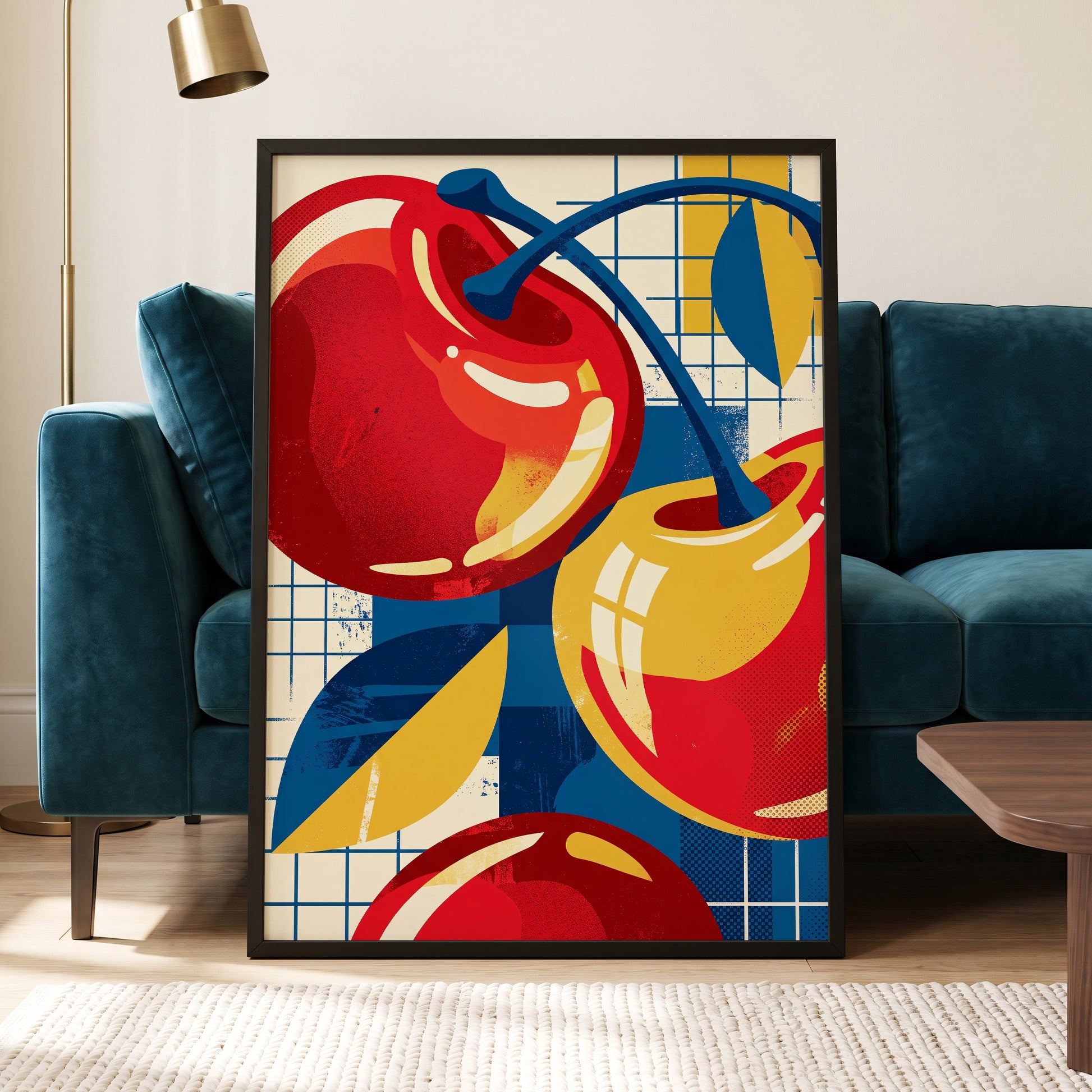 Orchard in Orbit, red, blue, gold nature wall art displayed in a styled interior, gallery view 5