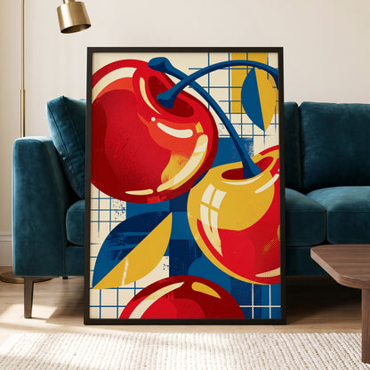 Orchard in Orbit, red, blue, gold nature wall art displayed in a styled interior, gallery view 5