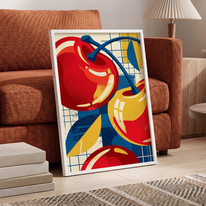 Orchard in Orbit, red, blue, gold nature wall art displayed in a styled interior, gallery view 6