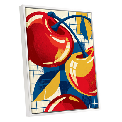 Orchard in Orbit, red, blue, gold nature wall art shown as a white framed canvas wall art