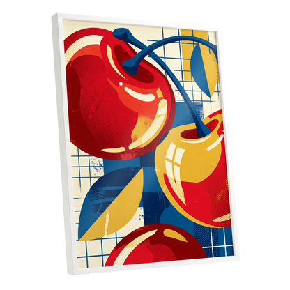 Orchard in Orbit, red, blue, gold nature wall art shown as a white framed poster wall art print