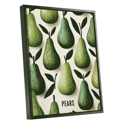 Orchard Pear Parade, green, beige, brown nature wall art shown as a black framed canvas wall art
