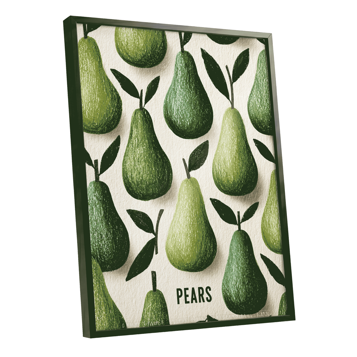 Orchard Pear Parade, green, beige, brown nature wall art shown as a black framed poster wall art print