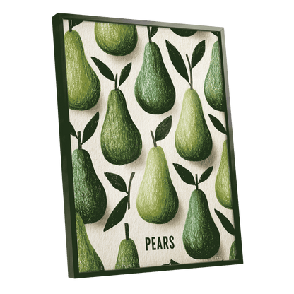 Orchard Pear Parade, green, beige, brown nature wall art shown as a black framed poster wall art print
