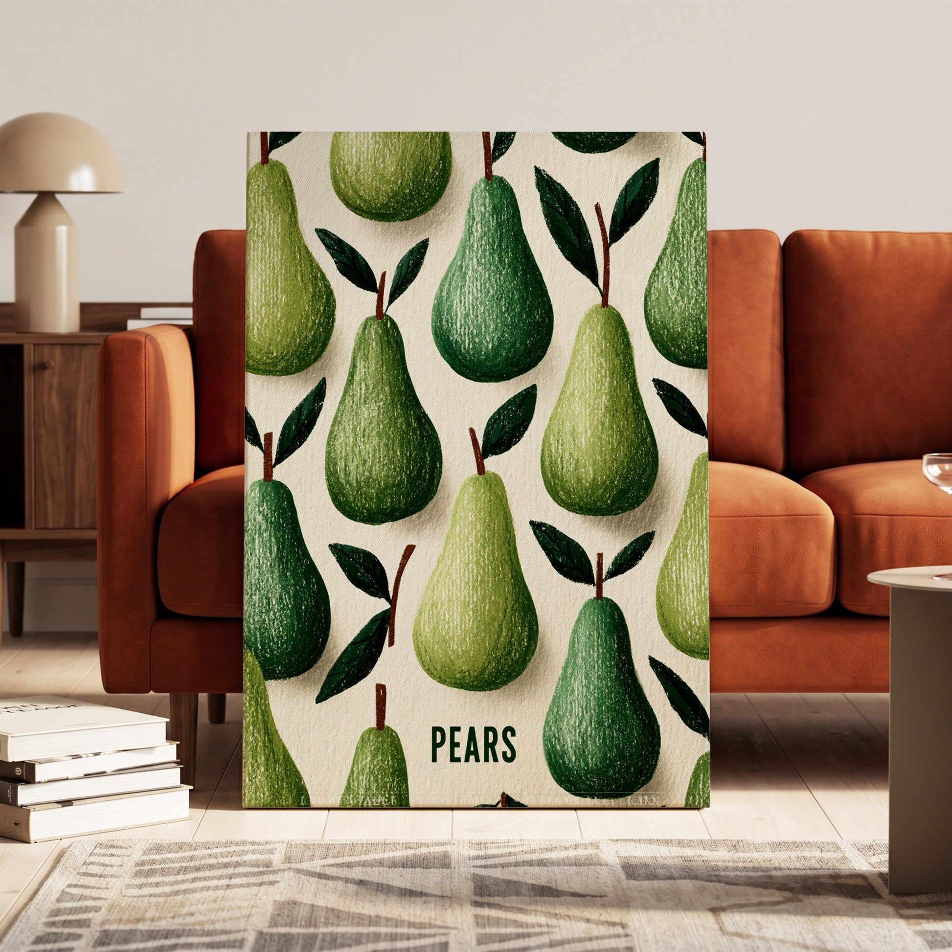 Orchard Pear Parade, green, beige, brown nature wall art on canvas displayed in a styled interior, gallery view 1
