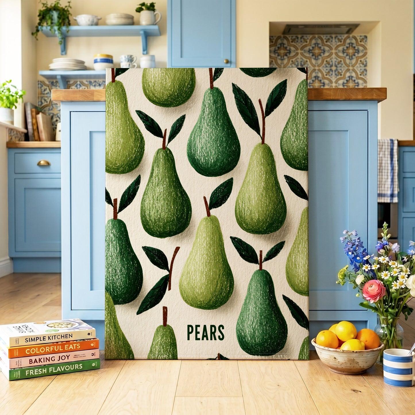 Orchard Pear Parade, green, beige, brown nature wall art on canvas displayed in a styled interior, gallery view 2