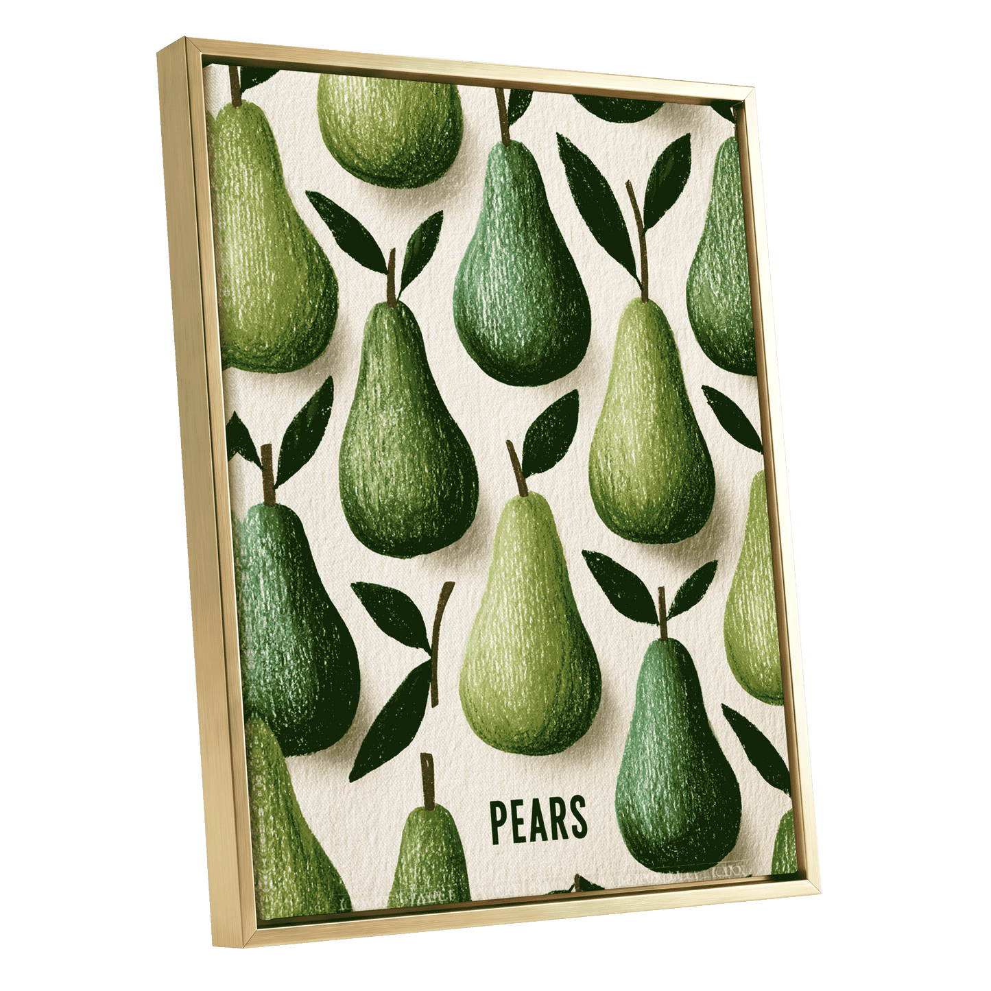 Orchard Pear Parade, green, beige, brown nature wall art shown as a gold framed canvas wall art