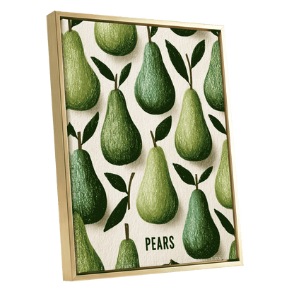 Orchard Pear Parade, green, beige, brown nature wall art shown as a gold framed canvas wall art