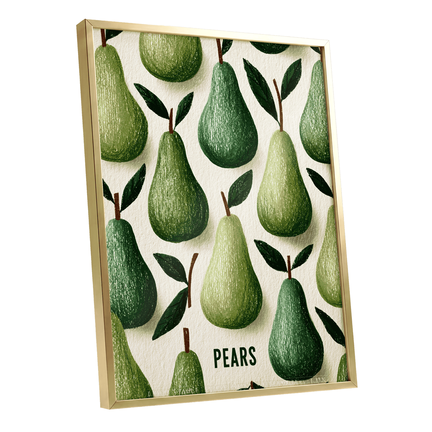 Orchard Pear Parade, green, beige, brown nature wall art shown as a gold framed poster wall art print
