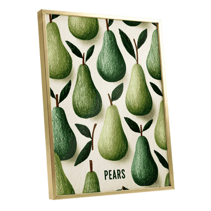 Orchard Pear Parade, green, beige, brown nature wall art shown as a gold framed poster wall art print