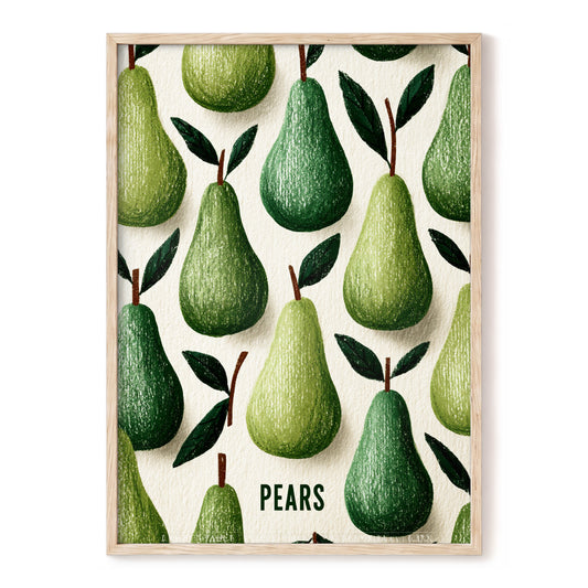 Orchard Pear Parade, green, beige, brown nature wall art, front artwork view