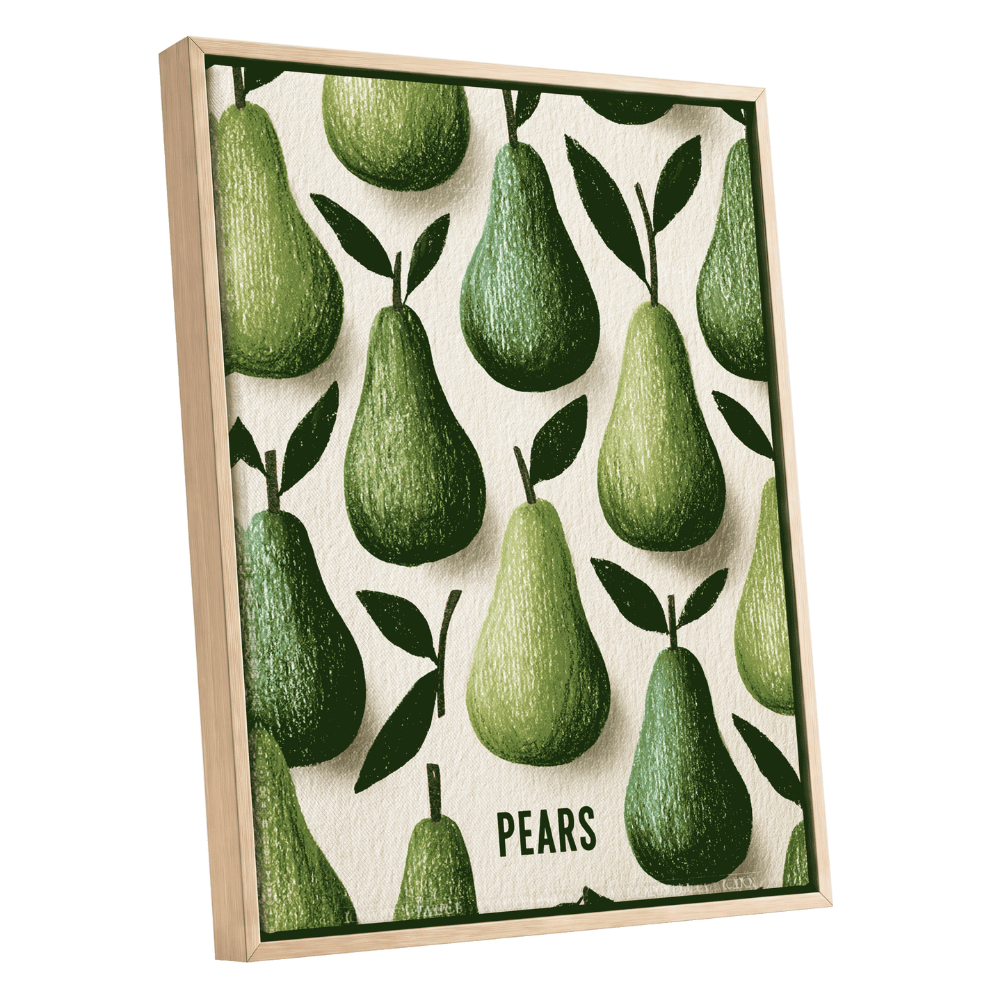 Orchard Pear Parade, green, beige, brown nature wall art shown as a oak framed canvas wall art