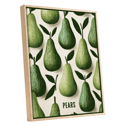Orchard Pear Parade, green, beige, brown nature wall art shown as a oak framed canvas wall art