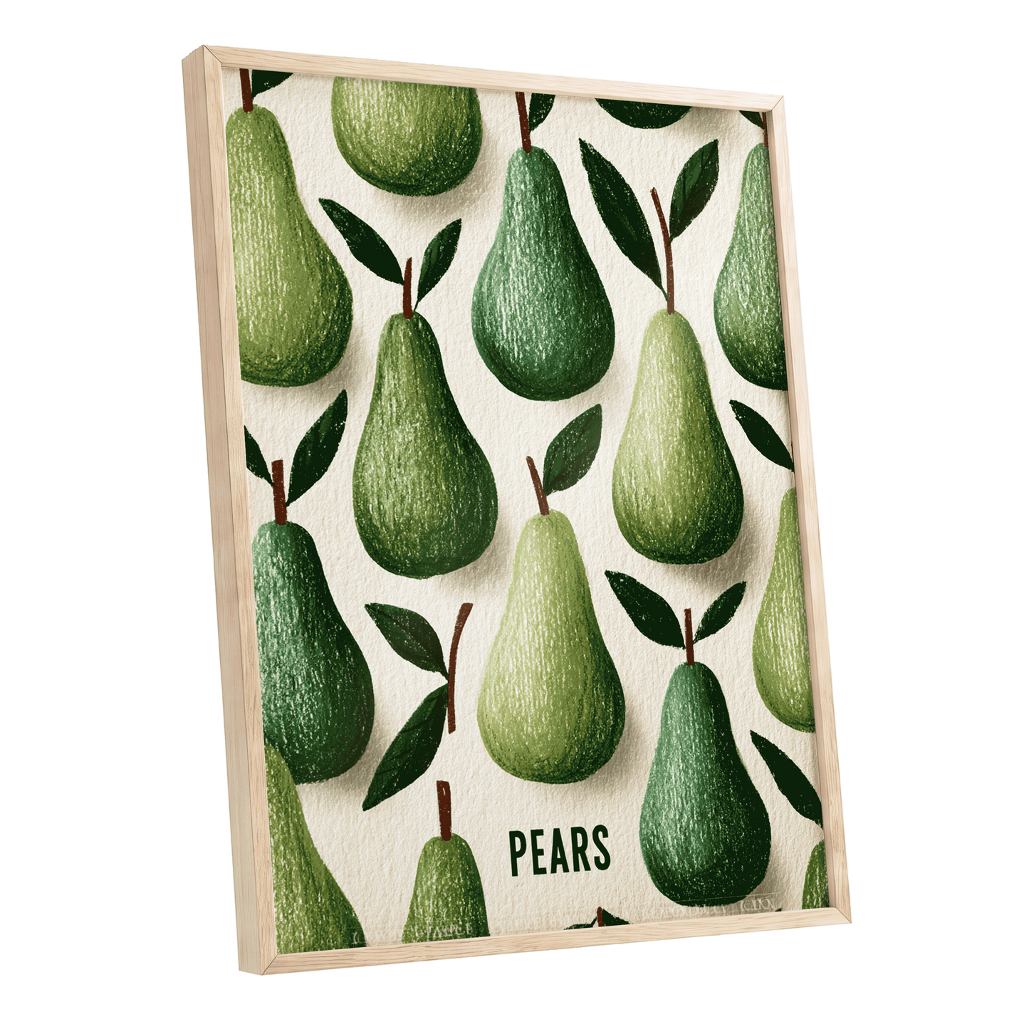 Orchard Pear Parade, green, beige, brown nature wall art shown as a oak framed poster wall art print