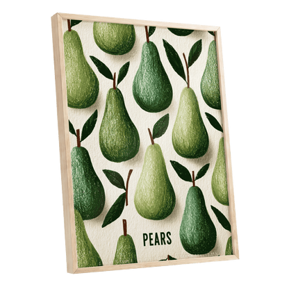 Orchard Pear Parade, green, beige, brown nature wall art shown as a oak framed poster wall art print