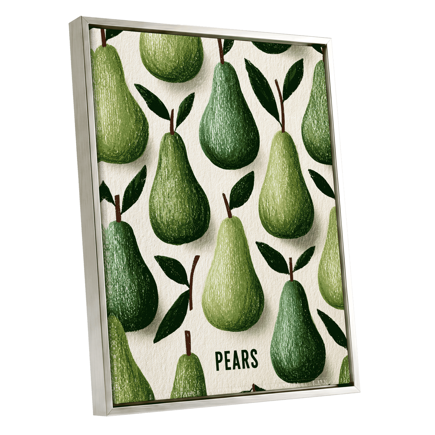 Orchard Pear Parade, green, beige, brown nature wall art shown as a silver framed canvas wall art