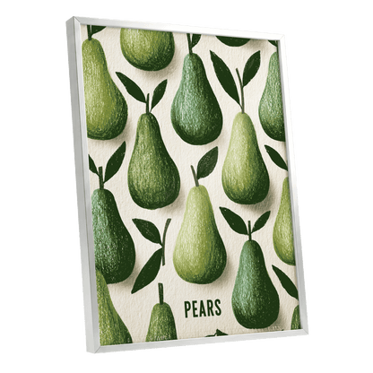 Orchard Pear Parade, green, beige, brown nature wall art shown as a silver framed poster wall art print