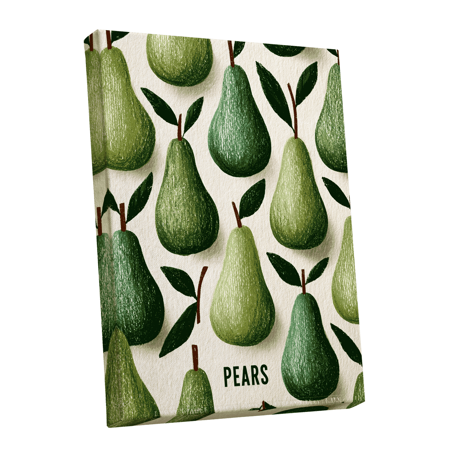 Orchard Pear Parade, green, beige, brown nature wall art shown as a stretched canvas wall art