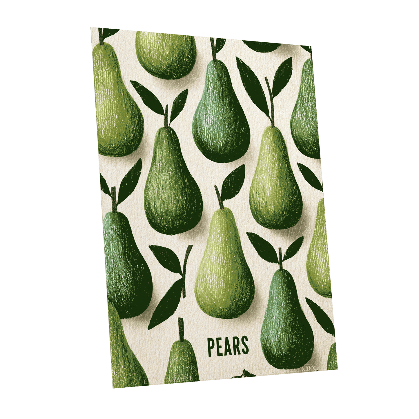 Orchard Pear Parade, green, beige, brown nature wall art shown as a unframed poster wall art print