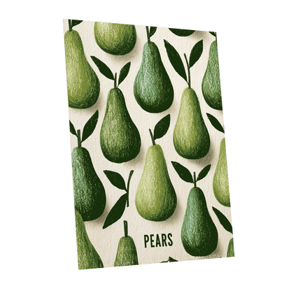 Orchard Pear Parade, green, beige, brown nature wall art shown as a unframed poster wall art print