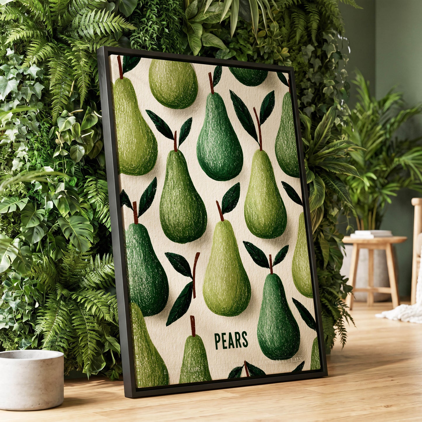 Orchard Pear Parade, green, beige, brown nature wall art displayed in a styled interior, gallery view 1