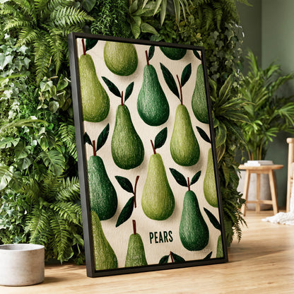 Orchard Pear Parade, green, beige, brown nature wall art displayed in a styled interior, gallery view 1