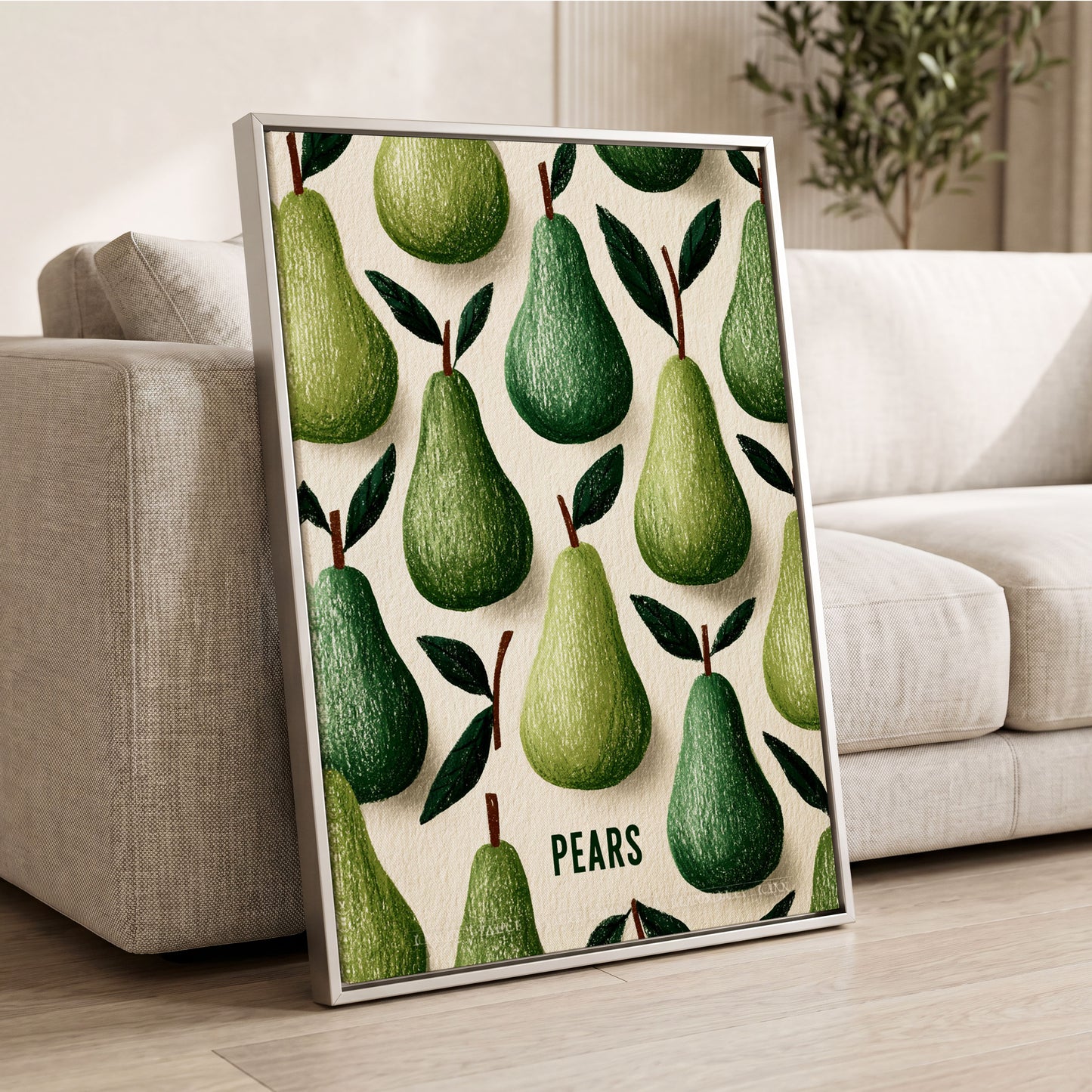 Orchard Pear Parade, green, beige, brown nature wall art displayed in a styled interior, gallery view 2