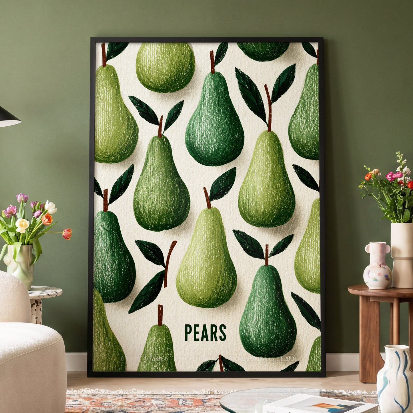 Orchard Pear Parade, green, beige, brown nature wall art displayed in a styled interior, gallery view 4
