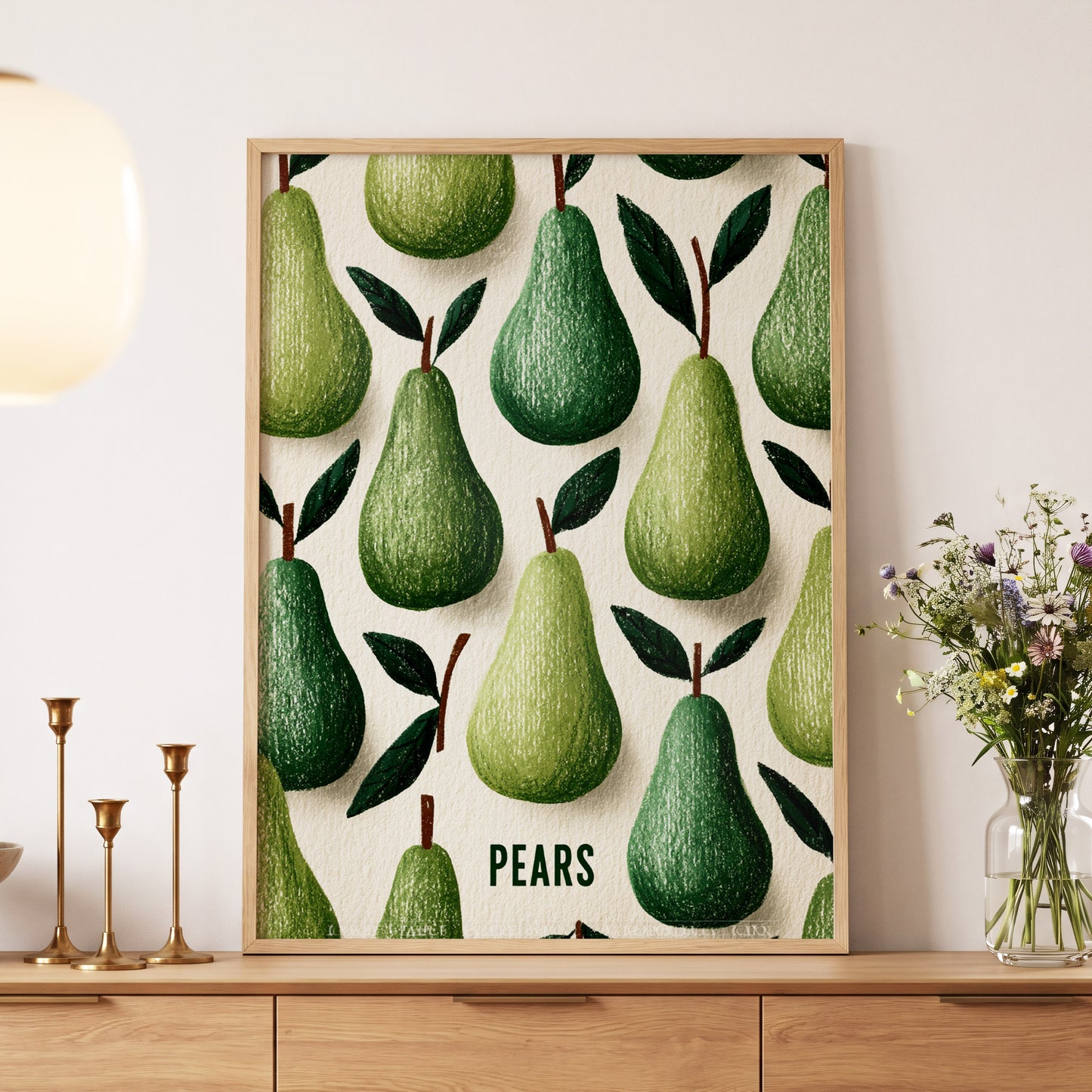 Orchard Pear Parade, green, beige, brown nature wall art displayed in a styled interior, gallery view 5